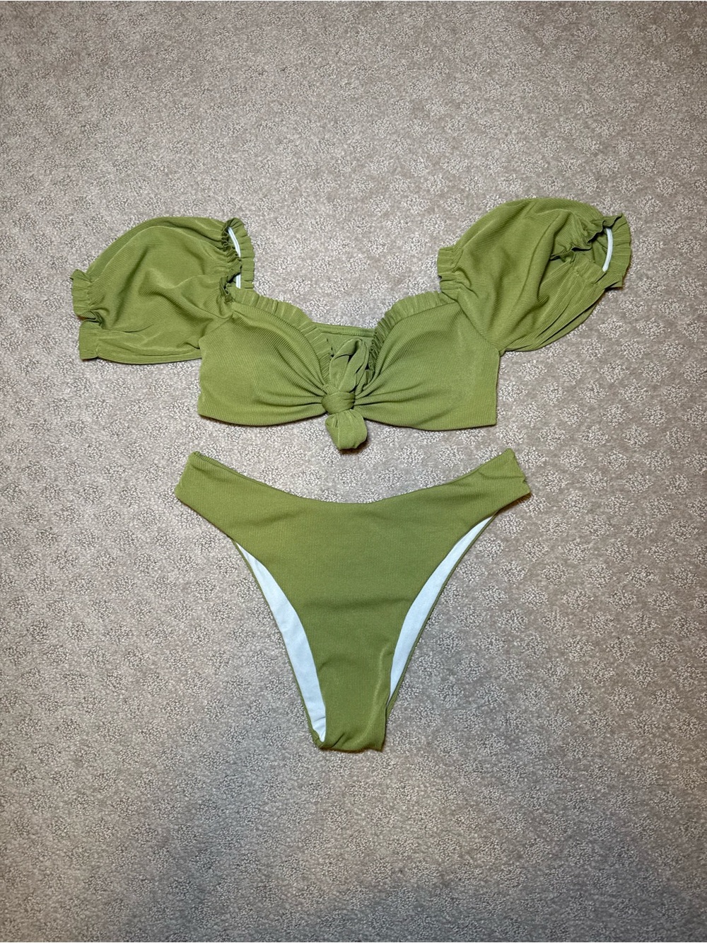 ROMWE Olive Green Puff Sleeve Knot Bikini Set Size Sm